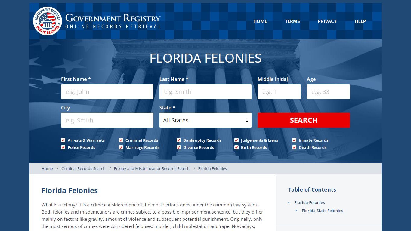 Florida State Felonies - GovernmentRegistry.Org